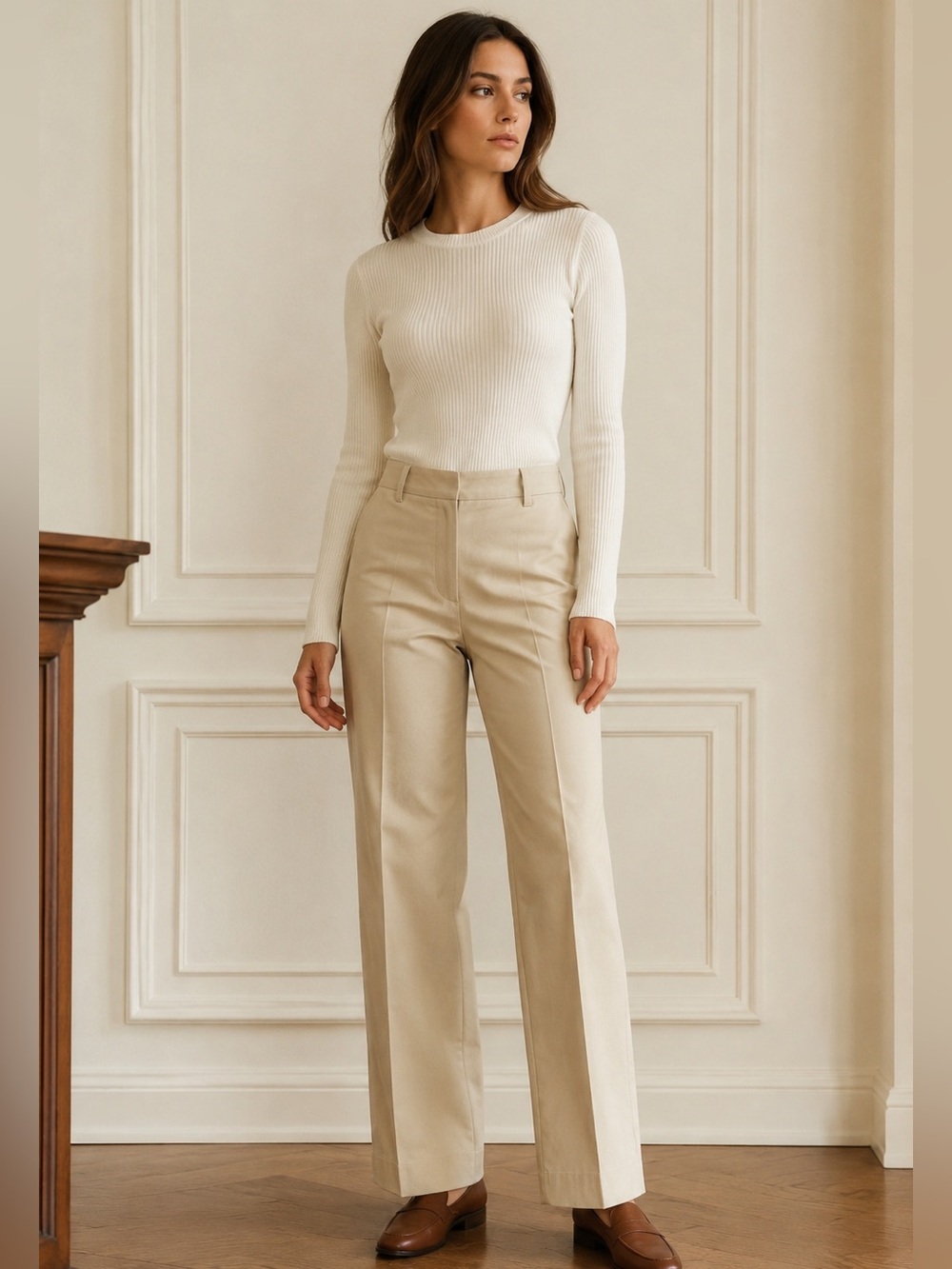 Cream Quiet Luxury Chino Trousers Straight Leg Old Money Pants 8